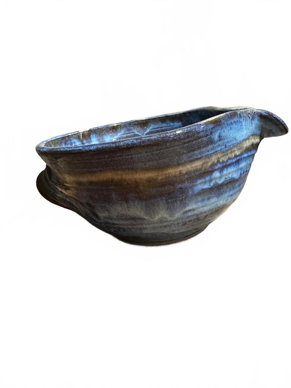 Hand Thrown Blue Studio Pottery Batter Bowl Spout 9"